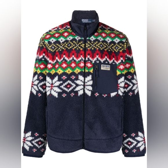 Polo Ralph Lauren Fair Isle Motif Bonded Fleece Jacket in Cruise Navy Snowflake - Picture 1 of 9